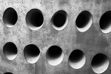 Poster - Abstract Concrete Wall with Circular Openings in Black and White Capturing Depth and Texture for Architectural Design and Industrial Backgrounds