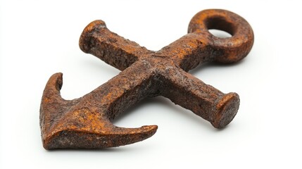 Poster - close up of a rusty old anchor on a white background showcasing weathered texture and nautical histo
