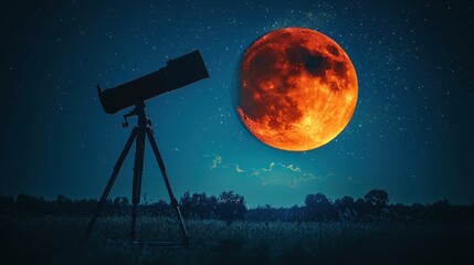 lunar eclipse astronomy alignment concept. a telescope stands in a field, gazing at a vibrant, orang