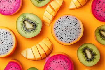 Aufkleber - Bright tropical fruits create a dynamic food-inspired background in modern style