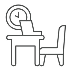 Poster - Table with chair and laptop thin line icon, remote work concept. Vector graphics. Personal workplace with computer and clock sign on white background, outline style icon for mobile or web design.