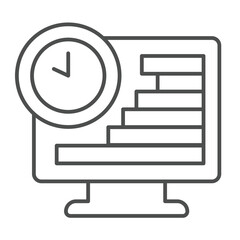 Fototapete - Monitor screen with chart and clock thin line icon, remote work concept. Vector graphics. Market job, task schedule display sign on white background, outline style icon for mobile or web design.