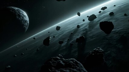 Wall Mural - Asteroids drift across the void of space, illuminated by faint starlight. A distant planet looms in the background, showcasing the beauty of the cosmos. Experience the vastness of the universe