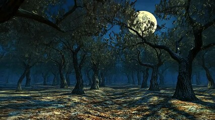 Wall Mural - enchanted moonlit forest with twisted trees casting shadows on the ground, creating a mystical atmos