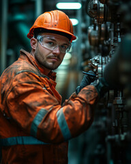 Poster - Oil and gas worker focused on equipment maintenance in bright settings