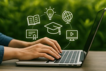 Poster - hands-on learning: a person's hands diligently navigate a laptop, connected to illuminating graphics