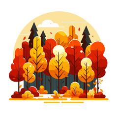 Wall Mural - Vector illustration of autumn forest with trees in yellow, orange and red colors. Perfect for seasonal websites, nature conservation organizations, and fall-themed designs.