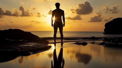 Poster - Man Standing in Nature During Golden Hour at Sunset Generative AI