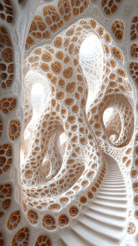 An intricate organic structure of white and brown cells creates a tunnel effect with stairs leading toward a bright li