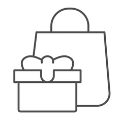 Poster - Shopping bag and gift box thin line icon, happy christmas concept. Vector graphics. Paper packet with present package sign on white background, outline style icon for mobile or web design.