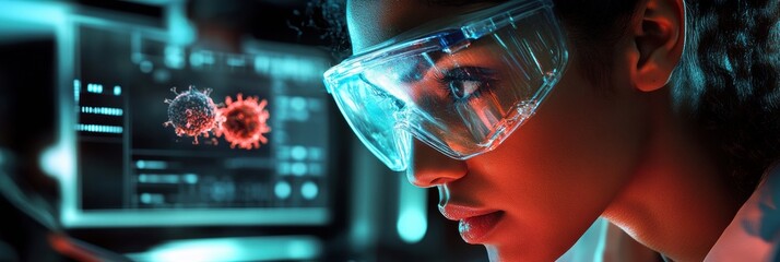 Aufkleber - Female scientist analyzes virus sample under LED light in modern laboratory setting while digital screen displays molecular details