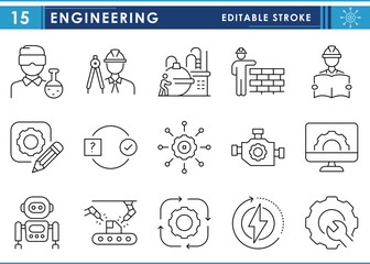 Aufkleber - A set of line icons related to Engineering. Engineer, electrical, chemical, civil, computer, mechanical, and so on. Vector editable stroke.