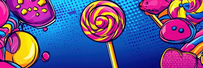 Fototapete - Dynamic pop-art background with oversized colorful lollipops and chewy candy shapes in bold comic style, perfect for sweet-themed designs and projects