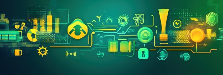 Poster - Powerful engine background with petrol and renewable energy icons showcasing a vibrant contrast of energy sources