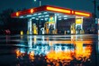 © Anat art - Dynamic nighttime view of a fuel station with vibrant reflections on a wet surface under high-contrast lighting