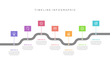 Wall Mural - business road map timeline infographic concept. with icons and 7 options, corporate milestones graph