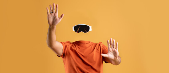 Poster - A user enthusiastically engages with virtual reality technology while wearing goggles, showcasing a dynamic and modern approach to immersive experiences. The background is a vibrant yellow.