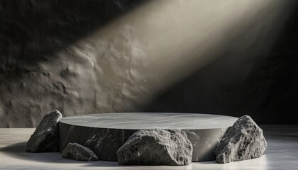 Poster - Round Stone And Rock Shaped Rendering For Brand Product Exhibition On Solid Black Pedestal. Mockup Template For Advertisement.