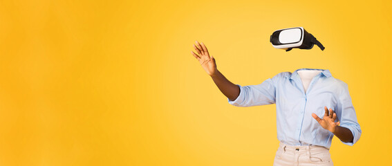 Poster - A user engages with virtual reality, wearing modern VR goggles on a bright yellow background. The headless figure immerses in an interactive digital experience, experiencing augmented realities.