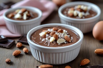 Leinwandbilder - Decadent and creamy chocolate mousse dessert artfully presented in a simple white ramekin with roasted almonds and hazelnuts garnish