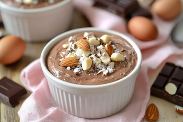 Leinwandbilder - Decadent creamy chocolate mousse served in a minimalist white ramekin with toasted almonds and hazelnuts garnish