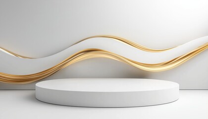 Poster - Luxurious White Product Podium Display With Golden Wave Backdrop: An Ideal Choice For Enhancing Sales And Marketing Efforts. Elegant And Realistic Design.