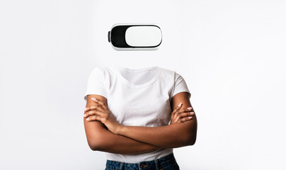 Poster - A person stands confidently with arms crossed, wearing a virtual reality headset that completely obscures their head.