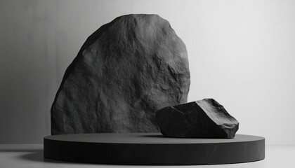 Poster - Black Geometric Stone And Rock Shape Display Mockup: Ideal For Podiums Or Showcases, Professional Rendering For Presentation Purposes.