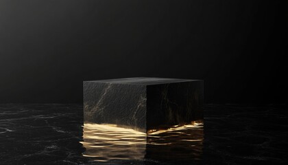 Poster - Luxurious Golden Mockup With Frame Featuring Cube Stone Pedestal, Black Box In Dark Water, And Gold Glitter Decor For Product Promotion.