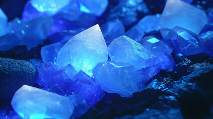 Poster - Ethereal blue crystals radiating a glowing chalcedony appearance with unique features and illuminating reflections captured in natural light.