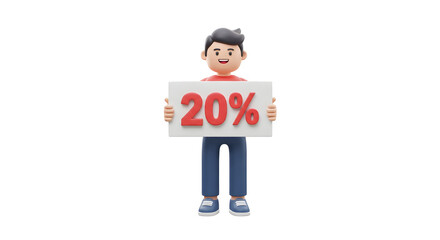 Poster - A character holding a signboard with 20% symbol on it, trendy 3D illustration, UI friendly, isolated scene on a white background