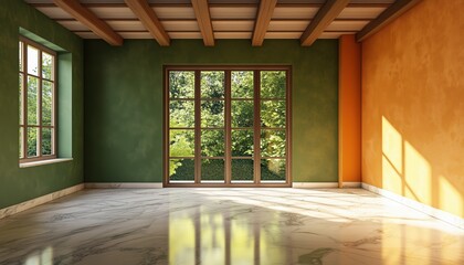 Poster - Stylish Contemporary Loft With Garden View, Featuring Marble Floors, Green And Orange Walls, And Wooden Plank Ceiling. Spacious And Modern Design.