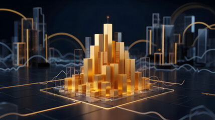 Poster - Golden City of Growth: A conceptual image of a city crafted from gleaming gold blocks, symbolizing growth, progress, and financial prosperity. set against a modern, tech-inspired backdrop.