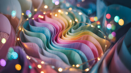 Poster - Chromatic Whirl: A mesmerizing display of pastel-colored ribbons artfully arranged in a circular pattern, illuminated by delicate fairy lights, creating a sense of enchantment and artistry.
