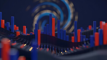 Poster - Data Visualization Abstract: A dynamic, abstract composition showcasing data visualization, with vibrant red and blue bars. swirling elements dance in the background.