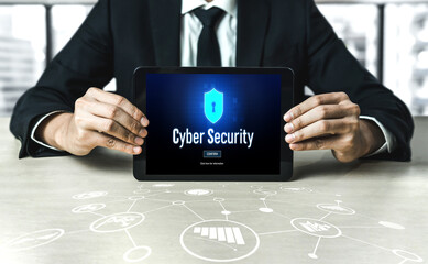 Poster - cyber security system on computer screen protect private information snugly from hacker and cyber at