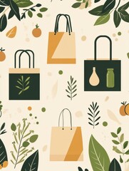 Poster - Modern background design featuring reusable grocery bags and sustainable packaging in green and beige tones Generative AI