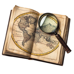 antique world map book magnifying glass exploration discovery history travel
