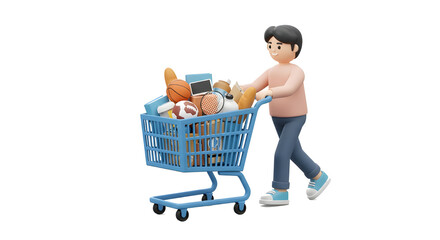 Poster - A character pushing a shopping cart filled with different products, trendy 3D illustration, UI friendly, isolated scene on a white background