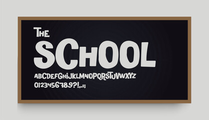 Poster - Bouncy school font on blackboard, full alphabet with numbers, quirky playful letters for kids. Great for classroom posters, books, learning designs. Vector typeset