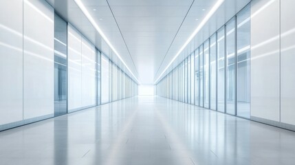 Poster - A futuristic, brightly lit corridor with a sleek, minimalist design. Perfect for conveying a sense of progress, technology, or innovation. Ideal for science fiction, corporate, or architectural projec