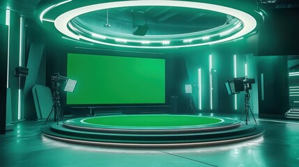 Poster - A futuristic green screen studio setup with multiple lights, a circular stage, and modern decor for filming or broadcasting.