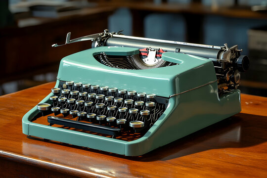 Vintage Teal Typewriter on Wooden Table in Natural Light a Nostalgic Image of an Antique Office Equipment and Mechanical Writing Tool