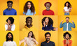 © Prostock-studio - A vibrant collage features a joyful collection of men and women from diverse backgrounds. Each person showcases unique expressions of happiness, set against a lively yellow backdrop.