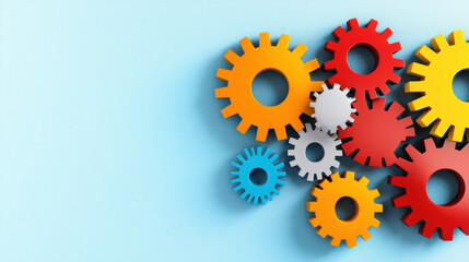 Leinwandbilder - Colorful Interlocking Gears on Light Blue Textured Background