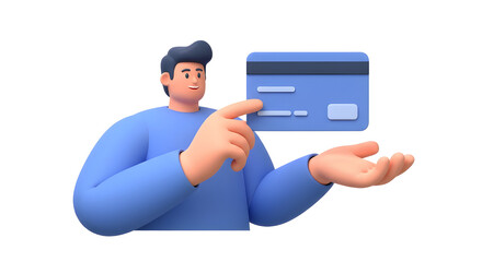 Poster - A person holding a credit card in one hand, A trendy 3D illustration, UI friendly, isolated scene on a white background