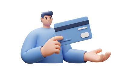 Poster - A person holding a credit card in one hand, A trendy 3D illustration, UI friendly, isolated scene on a white background