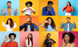 © Prostock-studio - A vibrant collage features diverse individuals smiling and making fun gestures against bright backgrounds. The assortment includes men and women showcasing happiness and unity.