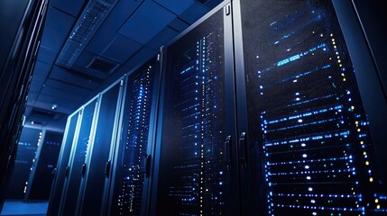 Fototapete - Modern data center hallway with illuminated server racks and blue ambient lighting, ideal for technology presentations, cybersecurity content, IT infrastructure, and cloud services
