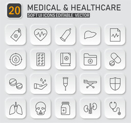 Poster - Collection of 20 Medical and Healthcare Thin Line Icons on Neumorphic Buttons